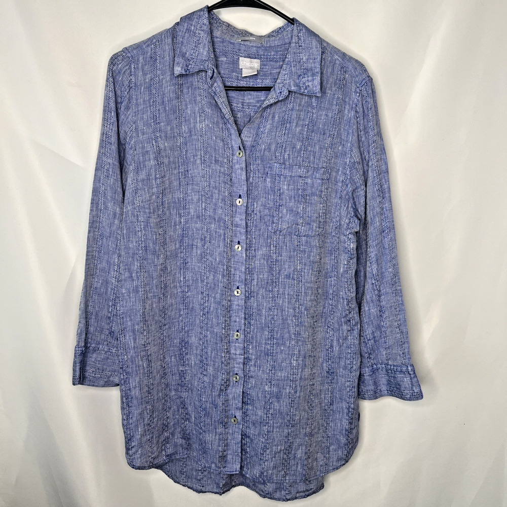 CHICOS No Iron LINEN Tunic Indigo Blue 3/4 Sleeve Button Shirt Blouse US Size 8